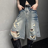SHOPMOCHO American Street Washed Blue Denim Shorts Y2k E-Girl High Waist Loose Wide Leg Jeans 2026 New Hole Straight Knee-Length Pants