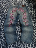 SHOPMOCHO Retro Three Button Closure Cherry Blossom Embroidered Jeans Women Washed High Waisted Baggy Jeans Harajuku Floor Denim Pants