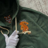 SHOPMOCHO Y2k Men Women Casual Tiger Embroidery Hoodie Oversized Zip Up Sweatshirts Long Sleeve With Kangaroo Pocket Olive Green Clothes