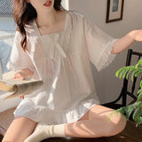 SHOPMOCHO Palace Style Pajamas Ladies Summer Loungewear Set Short-Sleeved with Cushion Korean Small Sweet Girlfriends Loungewear Set
