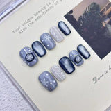SHOPMOCHO 10pcs Handmade Press on Nails Christmas Frozen Blue Cat-Eye Full Coverage Nail Tips for Women&Girl Removable Wearable Nail Art