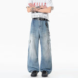 SHOPMOCHO Men's Loose Straight Leg Jeans Multi-Pocket Dark Wash American INS High Street Style Workwear Denim Two Colors Available