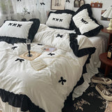 SHOPMOCHO Korean Princess Style Kawaii Girl Black Bow Bedding Set Skin-friendly Soft Duvet Cover Set Bed Sheet Or Bed Skirt Pillowcases