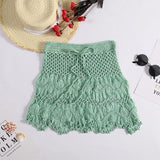 Shopmocho Handmade Crochet Hollow Out Swimwear Cover Up Solid Color Drawstring Short Skirt Women Holiday Knitting Sweet Beachwear