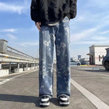 SHOPMOCHO Printed Jeans 2025 Spring Korean Style Mens New Floral Denim Pant High Street Loose Straight Couples Trousers baggy hosen herren