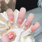 Shopmocho 24Pcs Glitter Diamond Press On Nails Sweet Cute Girl Acrylic Nails Full Cover Short Square Fake Nails Wearable Manicure Nail Tip