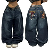 SHOPMOCHO American New Fashion Oversized Pattern Printed Washed Jeans Men Y2K Gothic Rock Popular Casual Joker High Waist Wide Leg Pants