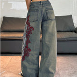 SHOPMOCHO American Street Hot Item Women Vintage Mud Washed Wide Leg Jeans Abstract Side Embroidery High Waist Baggy Y2K Spicy Pants