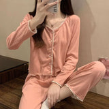 SHOPMOCHO Floral Long Sleeve Fitting Sleepwear Two-piece Set Spring Autumn Lace Trim Cotton Pajama Women Cute Casual Outable Home Suit Set
