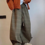 Shopmocho Retro American Canvas Straight Leg Pants Fine Plaid Design Sensation Small Audience Wide Leg Casual Trousers for Women