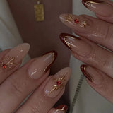 SHOPMOCHO 24pcs French Almond Press on Nails Blue False Nails Star Pattern Wearable Stick-on Nails Fake Nail Uñas Накладные Ногти 네일팁