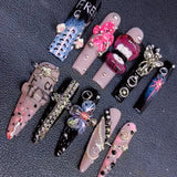 SHOPMOCHO Europe America Spice Girl Handmade Long Square Stilettos Fake Nails Metal Rivet Chain Flowers Lips Bowknot Diamond Press On Nail