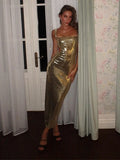 Shopmocho Sexy Sling Backless Silvery Maxi Dress For Women 2025 Fashion High Waist Bodycon Sleeveless Robes Female Evening Party Vestidos