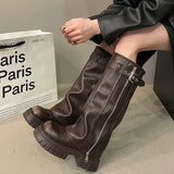 Shopmocho Winter Women Biker Boots Fashion Belt Buckle Ladies Elegant Platform Long Pipe Booties Casual Women's Knee High Booties