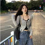 SHOPMOCHO Korean Two Piece Set Lace-up Cardigan with Cami Women's Sexy Slim Y2K Crop Long Sleeve Criss Cross Knit Tops Acubi Outfit