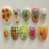 Shopmocho 24pcs Cute Cartoon Fake Nail Tips Oil Painting Series Printed Almond Press On Nail Sweet Cool Charming False Nail For Spicy Girl