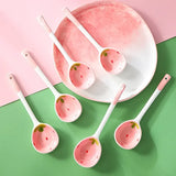 Shopmocho Kawaii Strawberry Ceramic Soup Spoon Cute Korean Ice Cream Hand Painted Coffee Dessert Long Handle Spoon Kitchen Accessories
