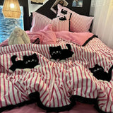 SHOPMOCHO Korean Style Bedding Set Green Strip Black Cat Embroidery Washed Cotton  Duvet Cover Cute Cardboard  Bed linen Comforter Sets