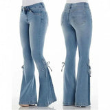 Shopmocho Full Length Flare Pants Women Jean Washed Denim Pants Zipper Fly Loose Fit Pockets High Waist Basics Lace Up Vintage Solid