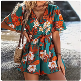 Shopmocho Printed V-neck Short Sleeve Jumpsuit Women Loose High Waisted Jumpsuit Beach Vacation Comfortable Summer Clothes