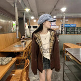 Shopmocho Retro American Plaid Splicing Hoodie Women's Spring Autumn New Oversize Loose Lazy Style Open Cardigan Coat Polyester Fiber