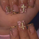 SHOPMOCHO 10PCS Diamond French Pointed Nail Short Square Nail Nude Fake Nail With Gold Glitter Diamond Nail Leopard Print Fake Nail