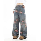 SHOPMOCHO Women's Blue Flower Baggy Jeans Y2K Japanese Harajuku High Street Aesthetic High Waist Wide Leg Retro Jeans Pants Clothing 2025