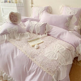 Shopmocho Three-dimensional Embroidery Aesthetic Lace Washed Cotton Quilt Cover Chiffon Soft /Breathable Bed Sheet Bedding Four Piece Set