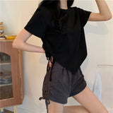 SHOPMOCHO Slit Bandage V Neck Sexy Crop Top Women Korean Casual Summer New Short Sleeve T-shirt Y2K Streetwear Trendy Top for Women