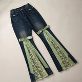 SHOPMOCHO Y2 Retro Sweet Bowknot Satin Ribbon Lace Patchwork Jeans Mid Waist Slimming Wrap Hip Bootcut Jeans Micro Elastic Denim Pants