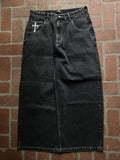 SHOPMOCHO Men Gothic Cross Print Black Denim Baggy Pants Mid Waist Big Pocket Design Loose Fit Hip Hop Streetwear Jeans for Daily Casual