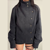 SHOPMOCHO Y2K Harajuku Retro Functional Style Slant Collar Jacket Men Women Gothic Stand Collar Easy Jacket Street Fashion Black Jacket