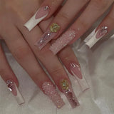 Shopmocho 24Pcs Brown Long Coffin False Nails Glitter Ballet Wearable with French Design Fake nails Full Press on Nail Ins Nail Tips Art