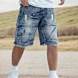 SHOPMOCHO Men's Casual Spring/Summer Denim Shorts - Distressed Denim Shorts with Frayed Edges and Patchwork Details, Fashionable Street-St