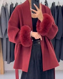 SHOPMOCHO American Fashionable V-neck Lapel Furry Sleeves Lace-up Long-sleeved Woolen Coat Elegant Lace-up Long-sleeved Wool Coat