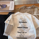 SHOPMOCHO 2025 Spring and Autumn Children's Long Sleeve Tees Fake Two Piece Girl's Sweatershirt 1-7Y Boys Casual Loose Pullover Dino Tops