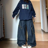 SHOPMOCHO Deeptown Y2K Retro Women Jeans Big Pocket Scimitar Leopard Wide Leg Denim Cargo Pants Harajuku Baggy Autumn Streetwear Trousers