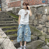 SHOPMOCHO American New Fashion Heavy Industry Deconstruction Hole Wash Jeans Cropped Pants Men Women Y2K Gothic Multi-pocket Overalls