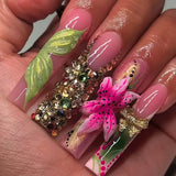 Shopmocho 24pcs Rhinestones Full Cover Nail Art Datachable Glitter French Press on Nails Tip Flower Long Square Fake Nail Pink False Nails