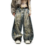 SHOPMOCHO American New Fashion Men's Blue Casual Trendy Daily Loose Wide Leg Hole Patched Embroideried Denim Trousers Male Jeans Pants