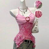 SHOPMOCHO Pink Sexy Spicy Girl Neck Hanging Strap Vest Women's Printed Mesh Splice Slim Fit Bared Chest Top Elegant Commute Style 2026