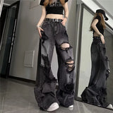 SHOPMOCHO High Street Vintage Black Ripped Jeans Fashion Wide Leg Pants Women'S High Waisted Straight Leg Pants Baggy Pants Y2k Jeans