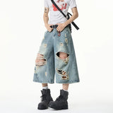 SHOPMOCHO Summer Trendy Men Jeans Ripped Loose Casual Man Pants Artistic Design Cropped Long Denim Trousers