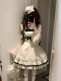 SHOPMOCHO Design Sweet Kawaii Polka Dot Lolita Dress Women France Elegant New Bow 2-piece Set Female Fashion Long Sleeve Short Cardigan