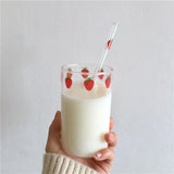 Shopmocho 300ml Strawberry Cute Glass Cup With Straw Creative Transparent Water Cup Student Milk Heat Resistant Glass Nana