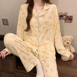 SHOPMOCHO Pink Bow Tie Design Pajamas for Women Long Sleeve Top & Elastic Waist Pants Pajamas Set Harajuku Style Casual New Home Wear