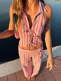 Shopmocho Striped Lace Up Women Vest Pants Set Summer Sleeveless Backless Slim Lady Top Sets 2025 Fashion Straight Casual Female Pant Suit