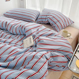 SHOPMOCHO Simple Red and Blue Striped Duvet Cover and Four Piece Bed Sheet Set with Washed Cotton Bedding on the Bed