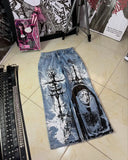 SHOPMOCHO Y2K Goth Streetwear Cargo Pants Beige Wide Leg Trousers with Red Floral Graffiti Print Loose Fit Casual Punk Hip Hop Bottoms