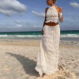 SHOPMOCHO-Women Boho Sexy Backless Matching Suit 2 Piece Beach Holiday Outfits Vintage Ruched Halter Cami Tops + Maxi Long Skirt Party